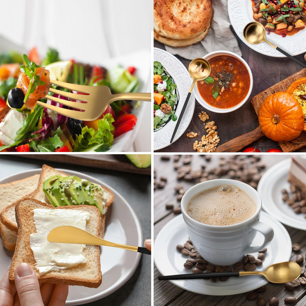 Gold Stainless Steel Serving Utensils Set, 5 Pcs - 10.8 Inch Serving Fork, 10.3 Inch Slotted Spoon, Sugar Spoon, Butter Knife for Buffet