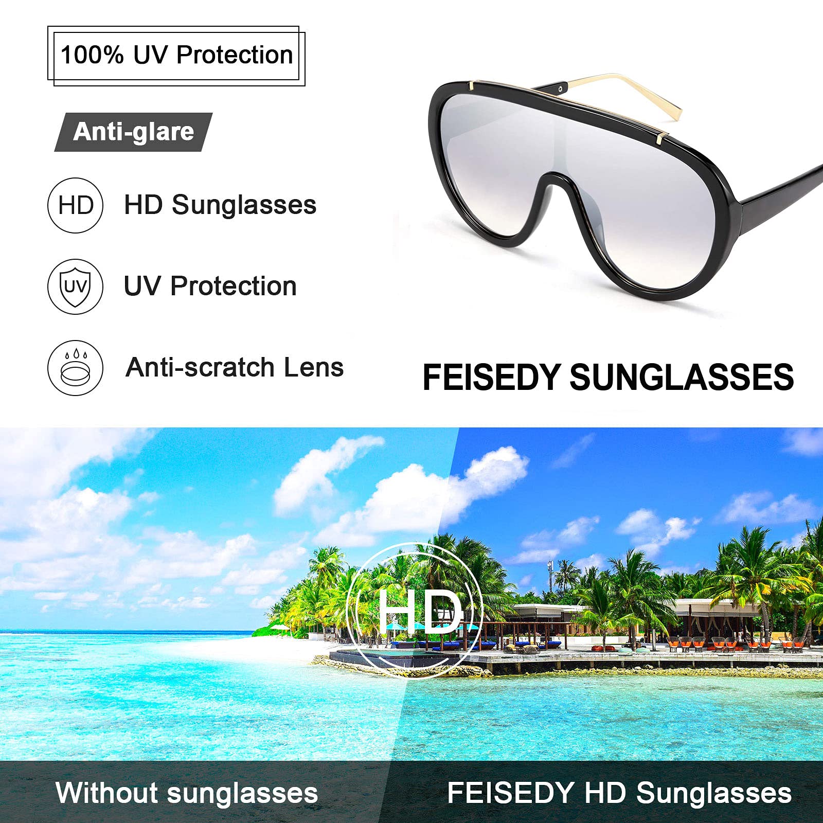 FEISEDY Sunglasses Women Oversized One Piece Frame UV400 Sun Glasses Trendy Retro Shades B2580