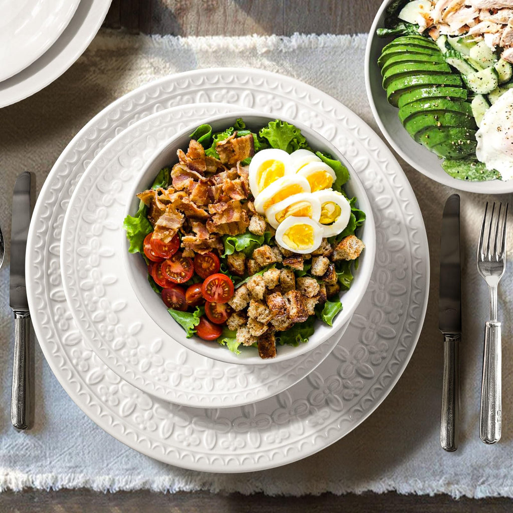 Large Salad Bowls Set of 4, 60oz White Serving Bowls Deep Deep Embossed Ceramic Mixing Bowl for Soup Kitchen, Eating, Ramen, Pasta, Dishwasher & Microwave Safe 8 inch (Multiple Patterns)