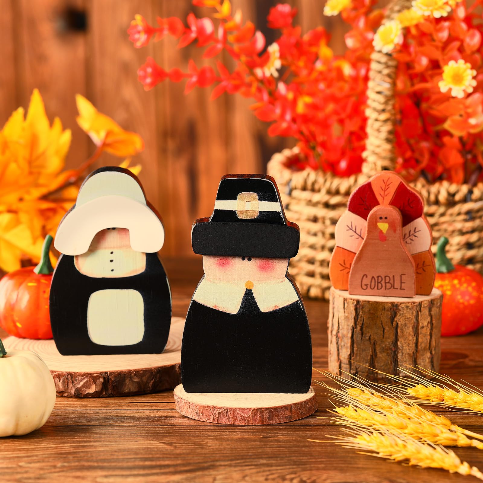 3 Pcs Fall Thanksgiving Decorations Fall Wooden Turkey Pilgrim Couple Table Sign Thanksgiving Standing Tabletop Decor for Autumn Harvest Indoor Tabletop(Turkey)