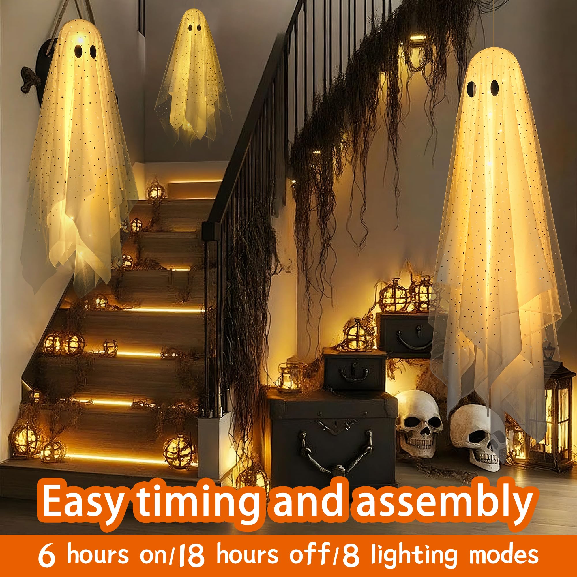 2Packs Halloween Decorations Outdoor,Halloweens Party Decoration Indoor,Spooky Ghost with Remote Control String Lights,Halloween-Ghost Lights for Porches Yards Gardens Lawn