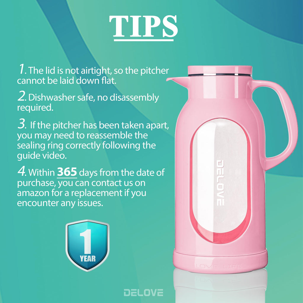 Delove 68 oz/2 Liter Glass Pitcher with Shatterproof Shell - Heat Resistant Glass Liner - Stainless Steel Lid - Carafe & Jug for Iced Tea,Hot/Cold Water,Homemade Juice Beverages (Black)