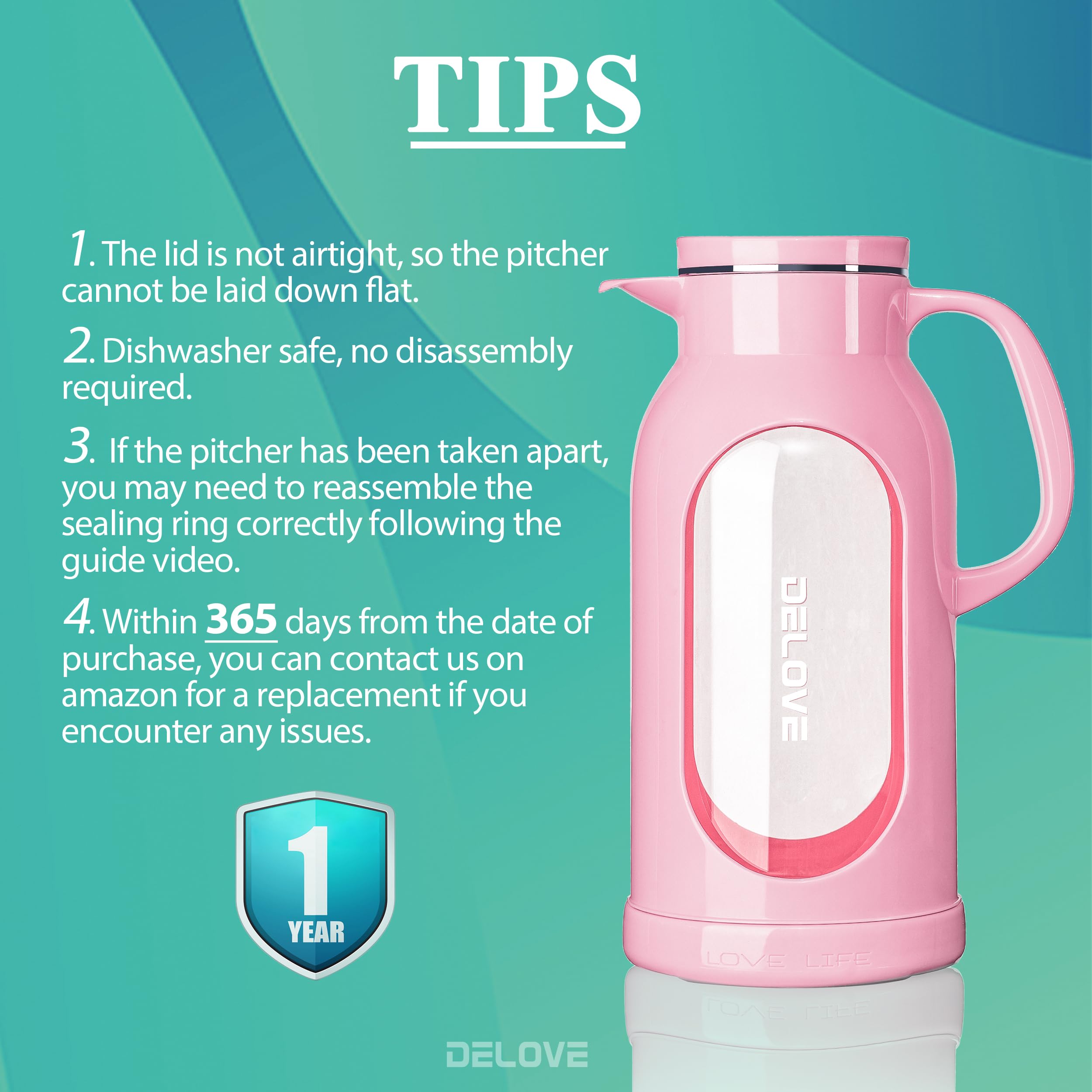 Delove 68 oz/2 Liter Glass Pitcher with Shatterproof Shell - Heat Resistant Glass Liner - Stainless Steel Lid - Carafe & Jug for Iced Tea,Hot/Cold Water,Homemade Juice Beverages (Black)