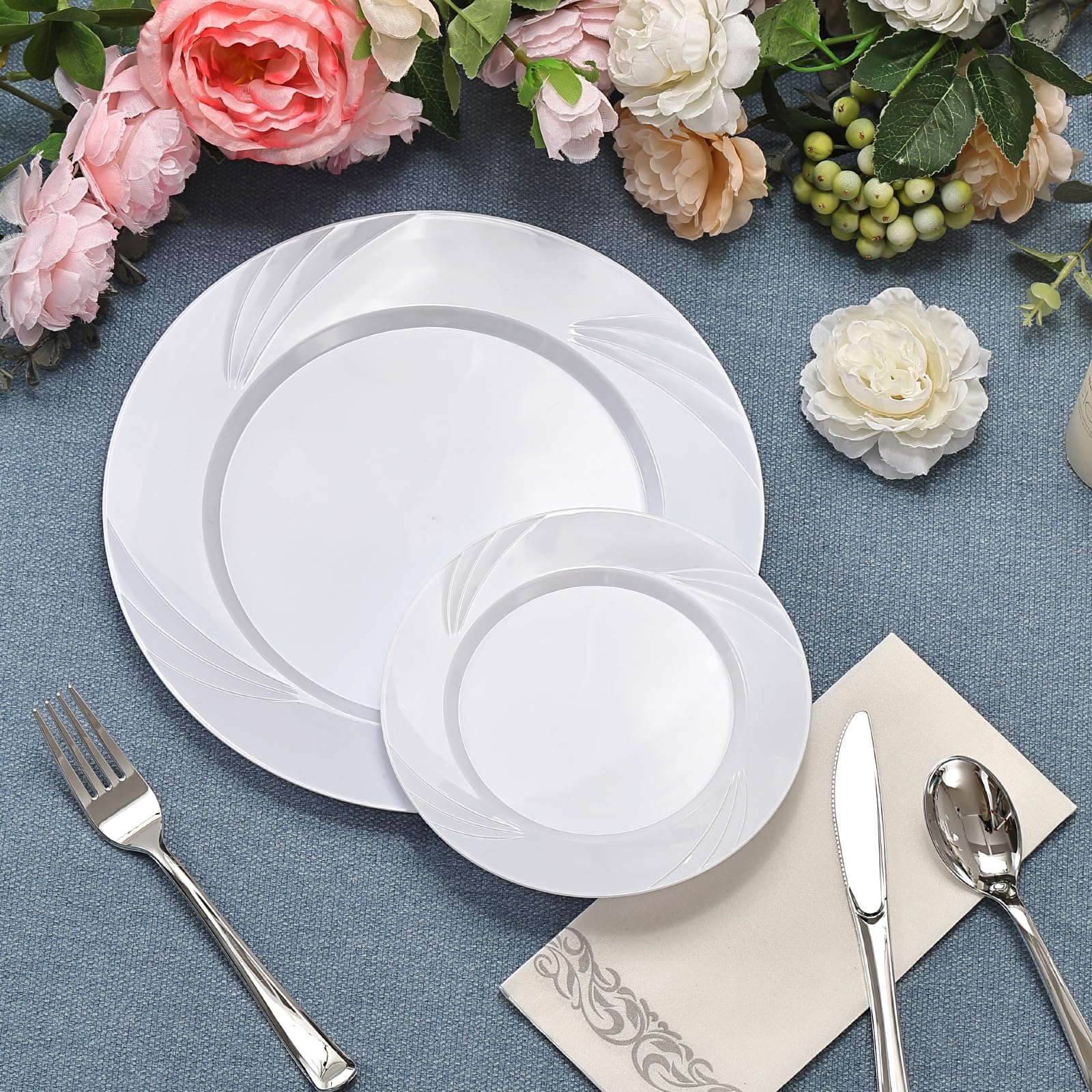 350-Piece Gold Rim Plastic Dinnerware Set for 50 Guests, Elegant Disposable Dinnerware for Party, Wedding. Includes Dinner Plates, Dessert Plates, Gold Silverware, Napkins, Cups