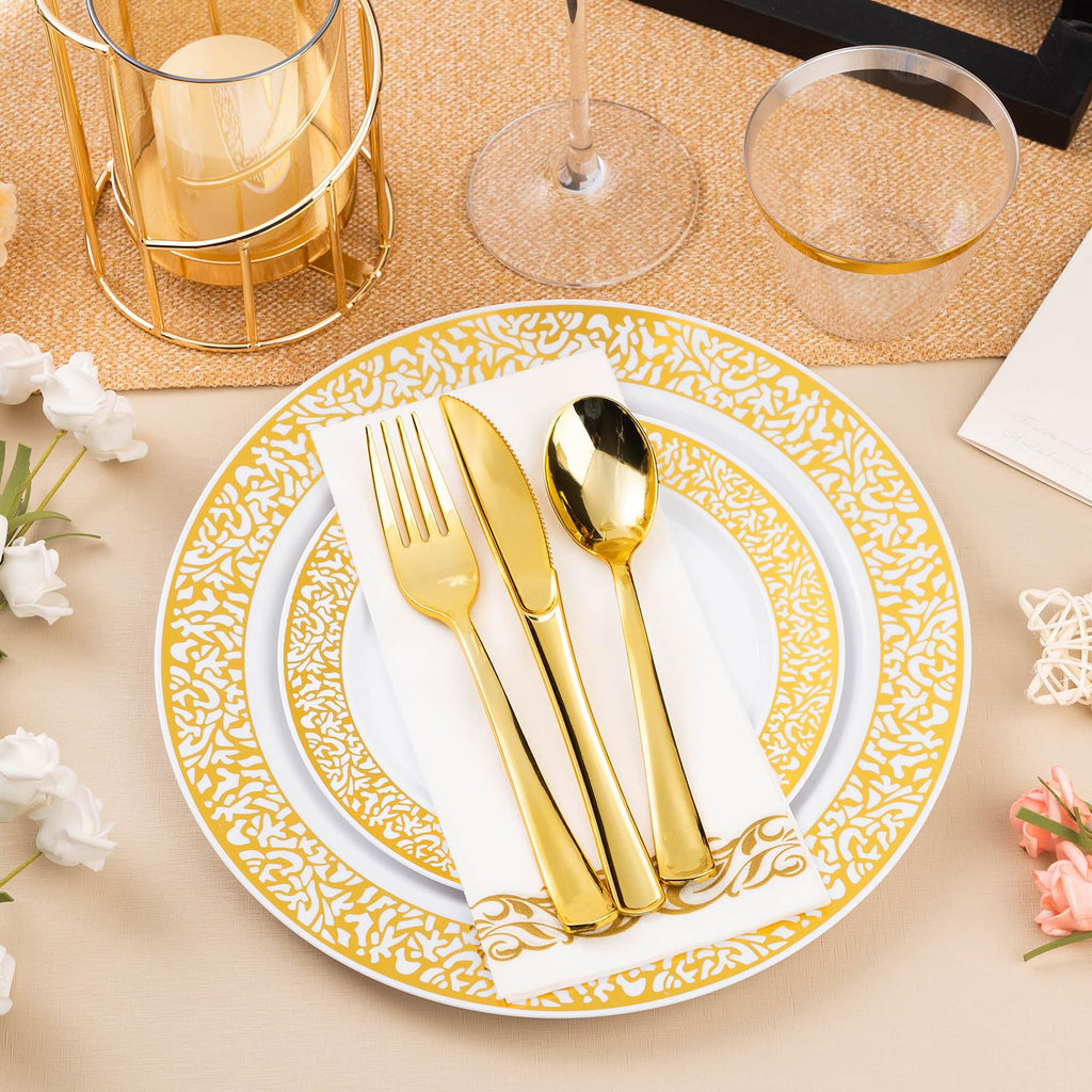 700PCS Gold Plastic Dinnerware Set for 100 Guests, Disposable Plates for Party, Include 100 Gold Dinner Plates, 100 Dessert Plates, 100 Set Silverware, 100 Cups, 100 Napkins