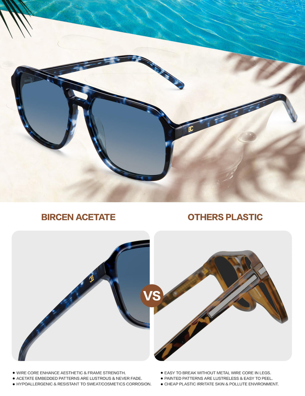 BIRCEN Women Polarized Acetate Sunglasses: Fashion Square Aviator Shades UV Protection for Trendy Laides Travel Beach Outdoor