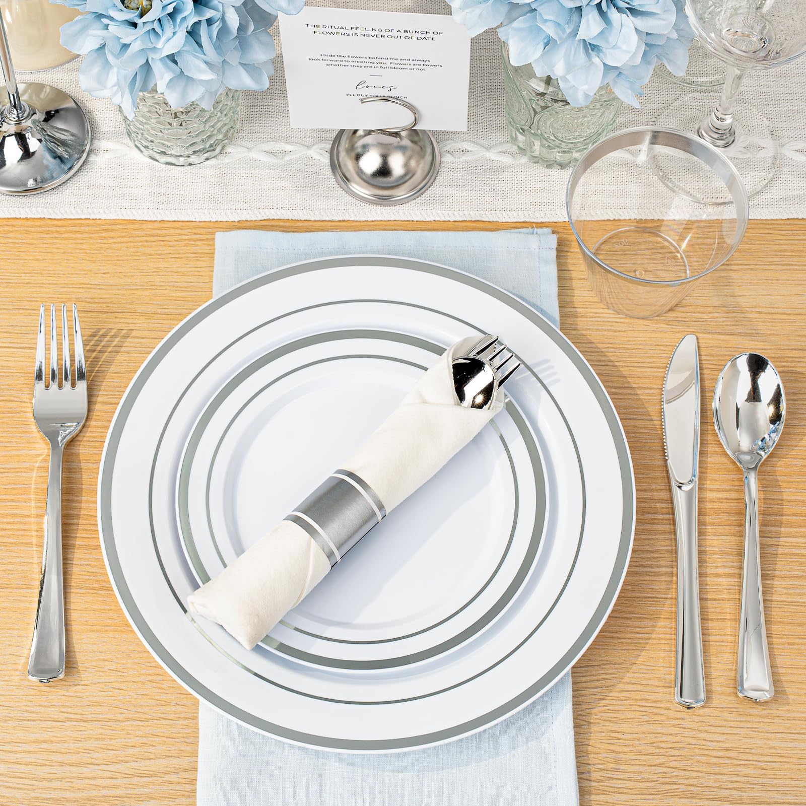 350PCS Gold Plastic Dinnerware Set, Disposable Party Plates for 50 Guests, Include: 100 Plastic Plates, 50 Pre Rolled Napkins with Gold Silverware, 50 Cups