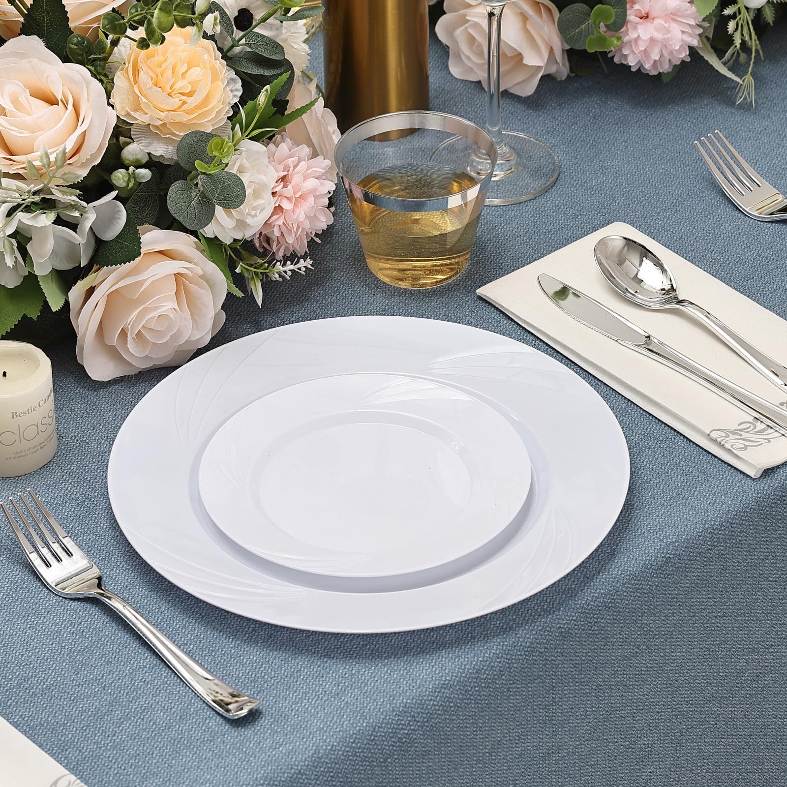 350-Piece Gold Rim Plastic Dinnerware Set for 50 Guests, Elegant Disposable Dinnerware for Party, Wedding. Includes Dinner Plates, Dessert Plates, Gold Silverware, Napkins, Cups