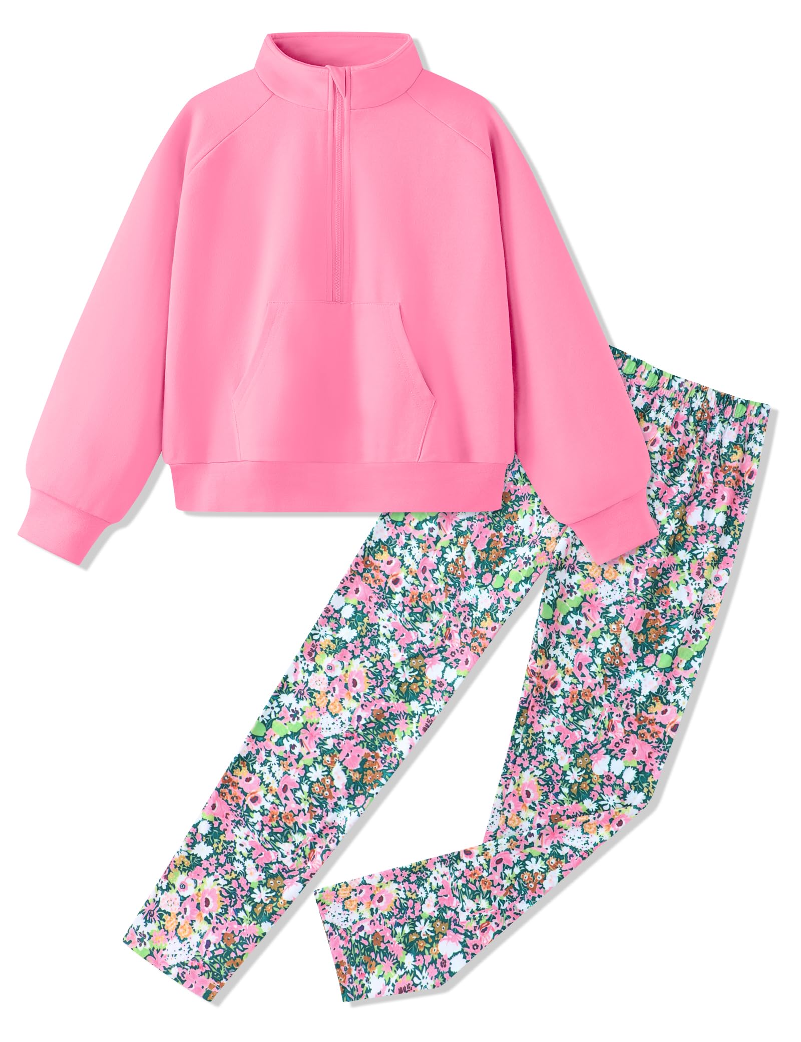 Girls Clothes Half Zip Sweatshirt Top and Full Print Tight Pants 2 Piece Outfit for Kids 6-14