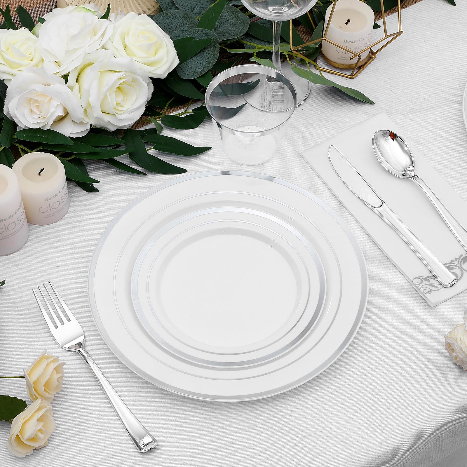 350-Piece Gold Rim Plastic Dinnerware Set for 50 Guests, Elegant Disposable Dinnerware for Party, Wedding. Includes Dinner Plates, Dessert Plates, Gold Silverware, Napkins, Cups