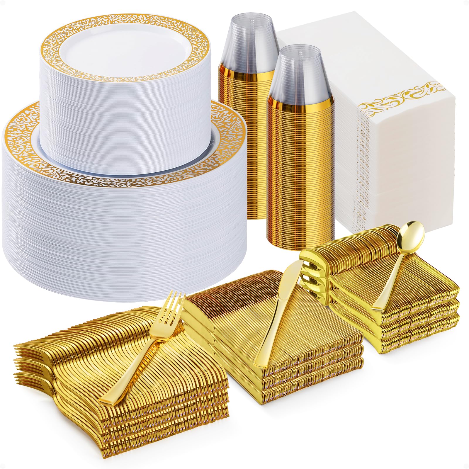 700PCS Gold Plastic Dinnerware Set for 100 Guests, Disposable Plates for Party, Include 100 Gold Dinner Plates, 100 Dessert Plates, 100 Set Silverware, 100 Cups, 100 Napkins