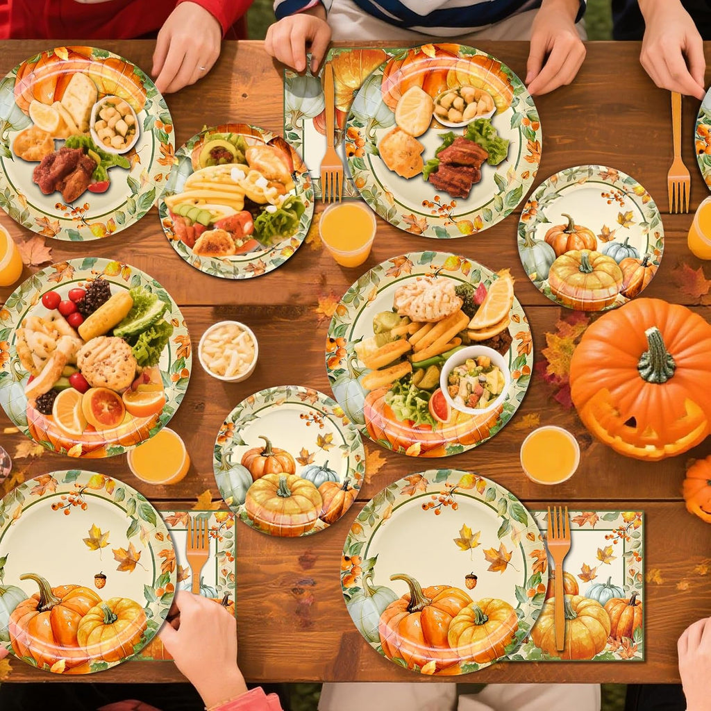 96 Pieces Fall Plates and Napkins Thanksgiving Tableware Set, Pumpkin Maple Leaf Disposable Dinnerware with Paper Plates, Napkins, and Forks for Thanksgiving Autumn Harvest Party Supplies- Serves 24