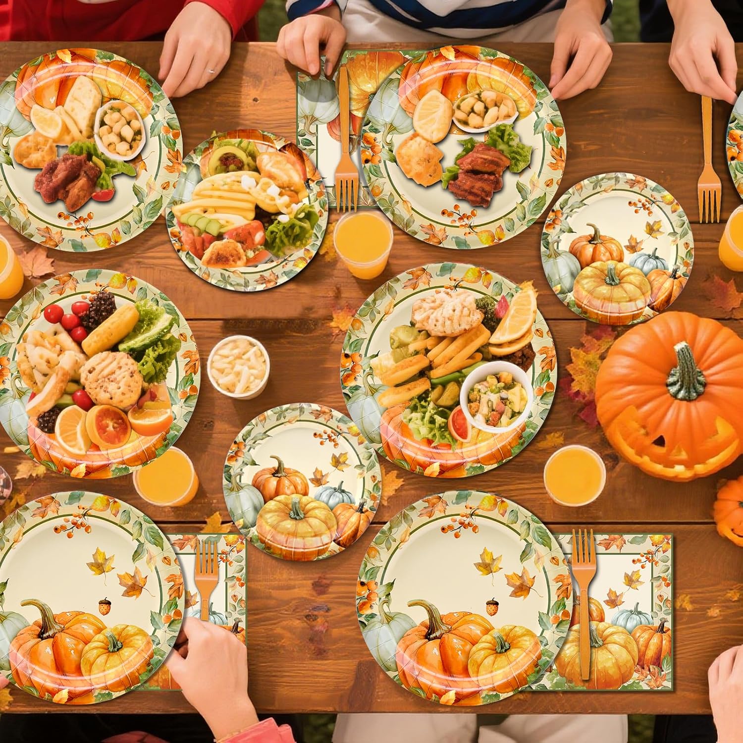 96 Pieces Fall Plates and Napkins Thanksgiving Tableware Set, Pumpkin Maple Leaf Disposable Dinnerware with Paper Plates, Napkins, and Forks for Thanksgiving Autumn Harvest Party Supplies- Serves 24