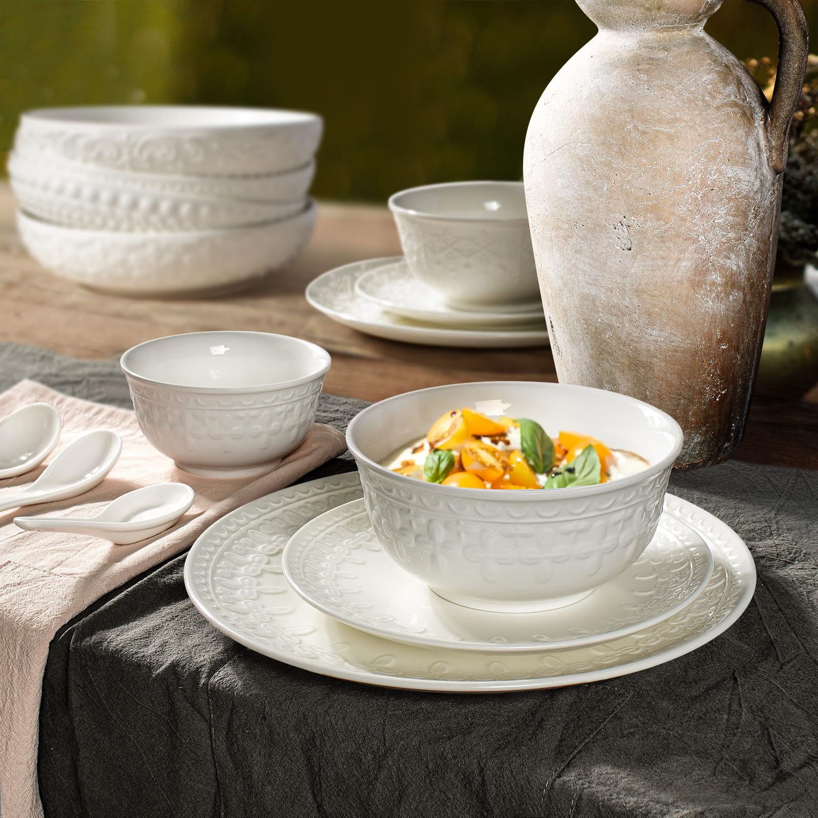 Large Salad Bowls Set of 4, 60oz White Serving Bowls Deep Deep Embossed Ceramic Mixing Bowl for Soup Kitchen, Eating, Ramen, Pasta, Dishwasher & Microwave Safe 8 inch (Multiple Patterns)