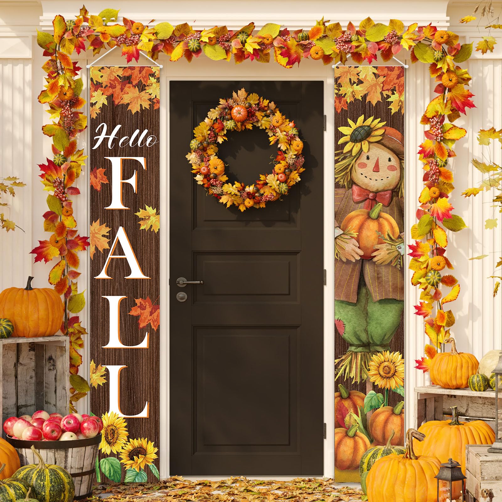 Fall Harvest Scarecrow Porch Banner Sign - Autumn Thanksgiving Front Door Decorations, 12 x 71 Inch
