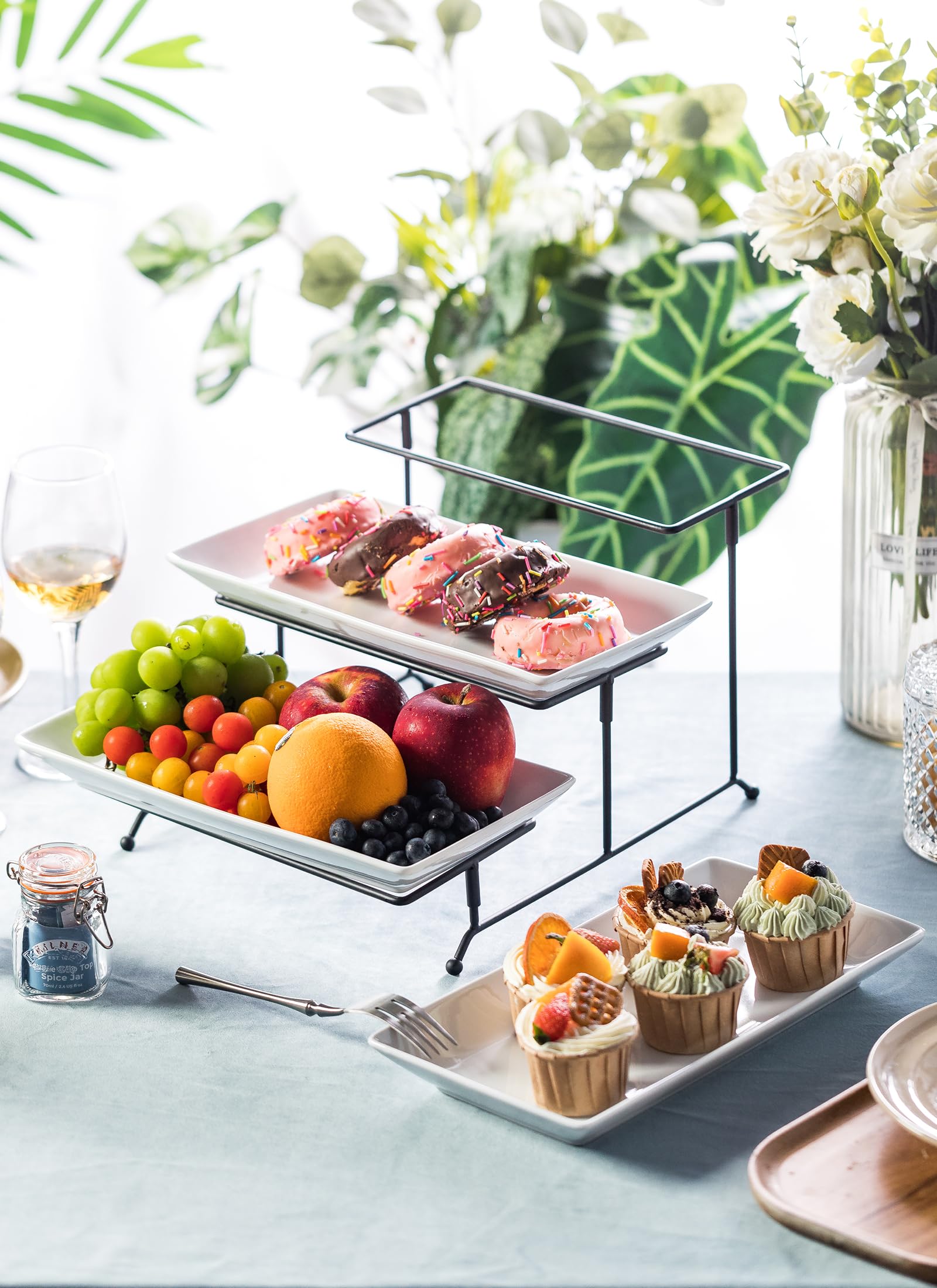 LYEOBOH 3 Tier Serving Bowls Set with Collapsible Thicker Metal Stand, Oval Serving Dishes for Entertaining Tiered Serving Stand for Fruit, Dessert, Candy, Chip and Dip (Black)