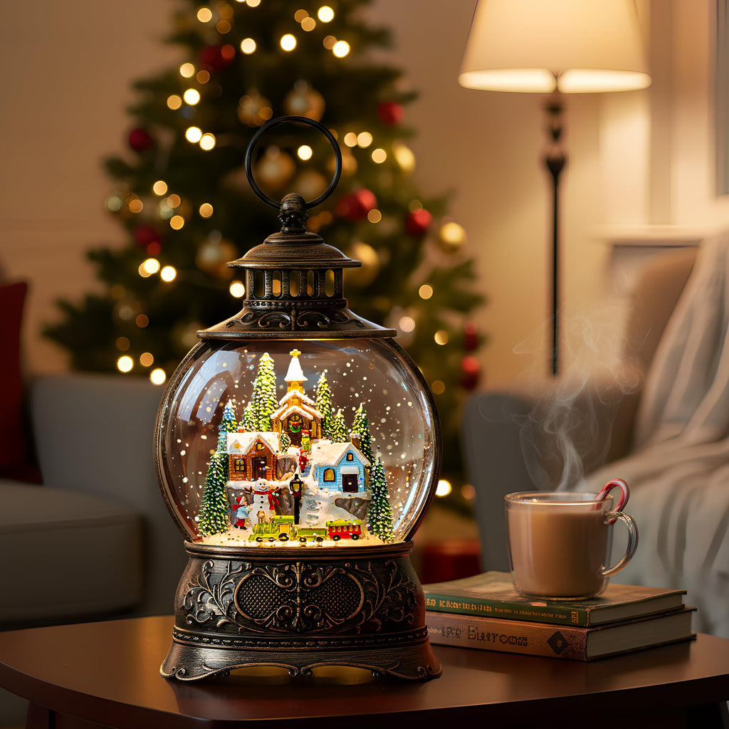 Fall Snow Globe Lantern with Autumn Turkey and Pumpkins Thanksgiving LED Decor for Home, Indoor Tabletop Centerpiece with Glitter Flakes, Harvest Light Decorations