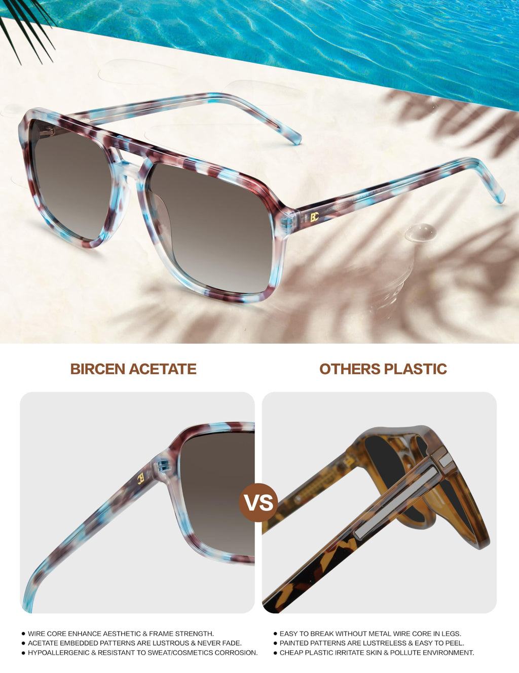 BIRCEN Women Polarized Acetate Sunglasses: Fashion Square Aviator Shades UV Protection for Trendy Laides Travel Beach Outdoor