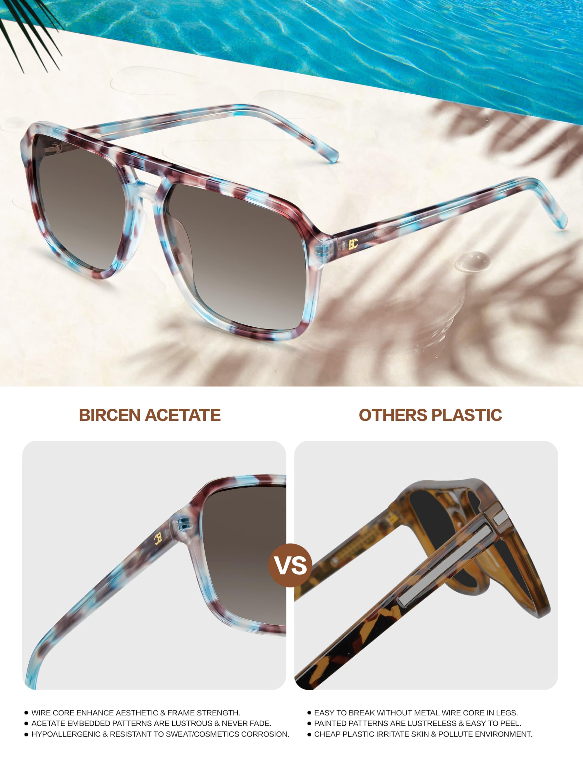 BIRCEN Women Polarized Acetate Sunglasses: Fashion Square Aviator Shades UV Protection for Trendy Laides Travel Beach Outdoor