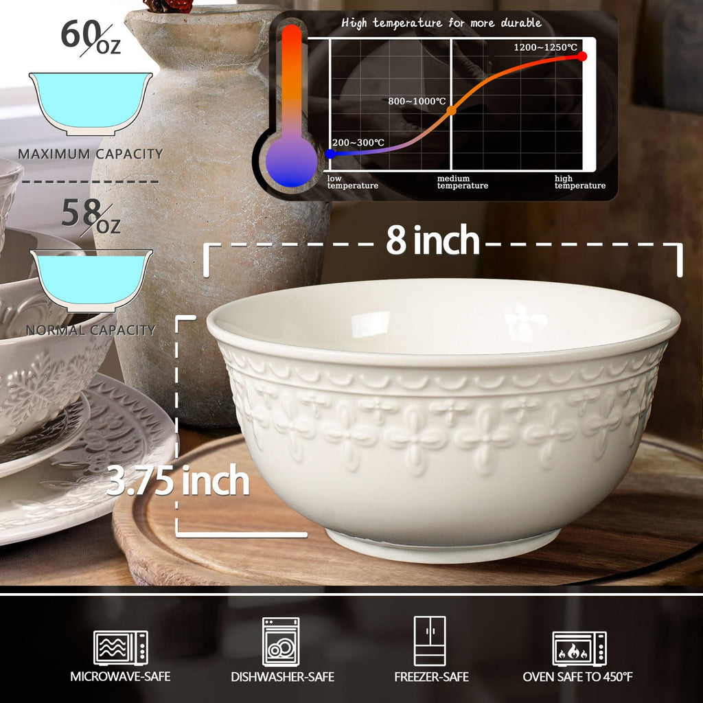 Large Salad Bowls Set of 4, 60oz White Serving Bowls Deep Deep Embossed Ceramic Mixing Bowl for Soup Kitchen, Eating, Ramen, Pasta, Dishwasher & Microwave Safe 8 inch (Multiple Patterns)