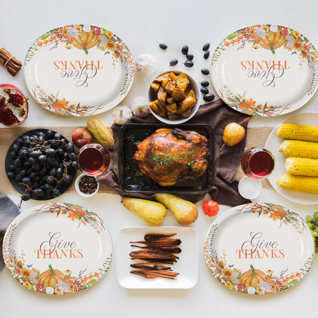 50 Count Thanksgiving Oval Paper Plates, 10" x 12.5" Large Disposable Dinner Serving Party Platters Heavy Duty, Autumn Fall Harvest Party Supply Thanksgiving Decor