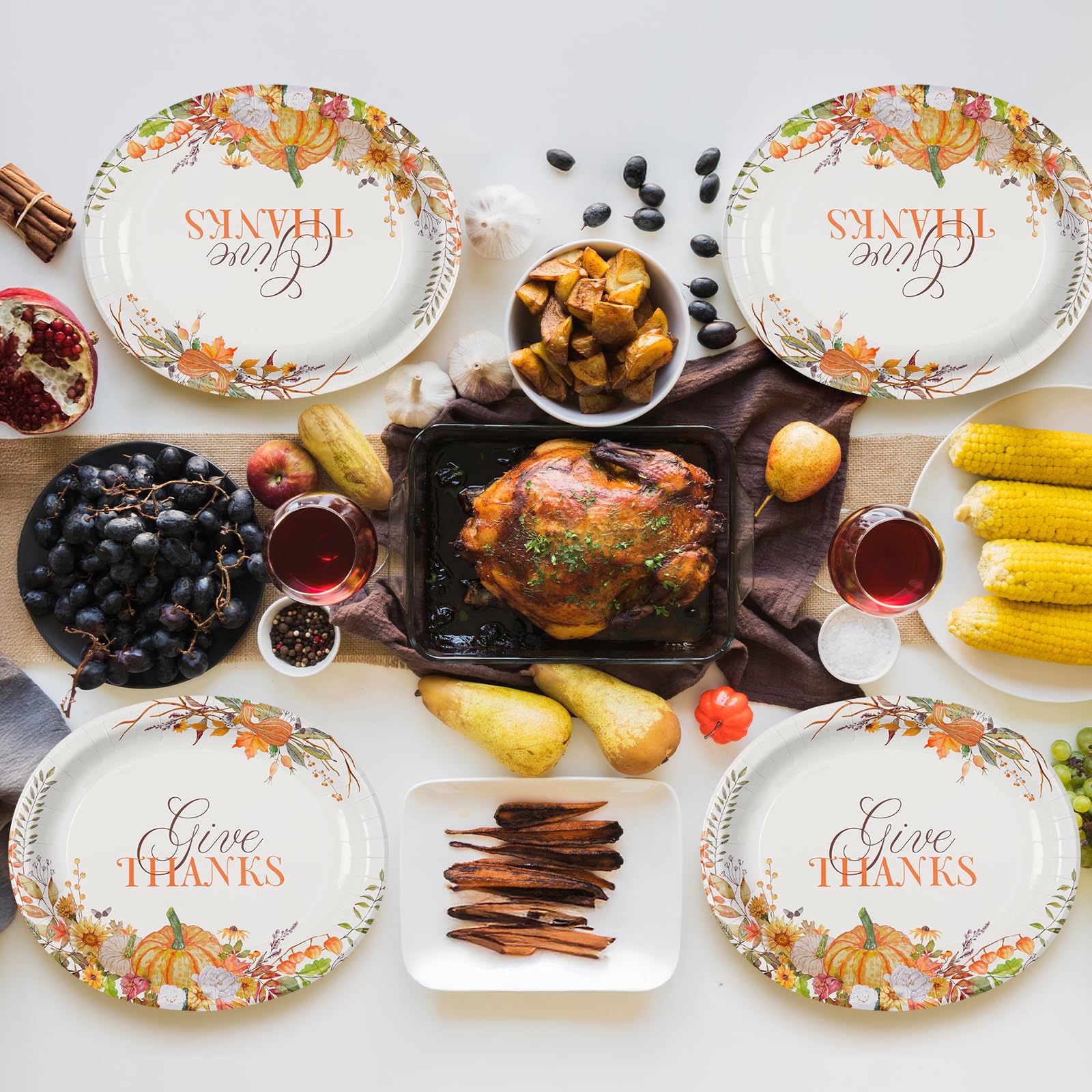 50 Count Thanksgiving Oval Paper Plates, 10" x 12.5" Large Disposable Dinner Serving Party Platters Heavy Duty, Autumn Fall Harvest Party Supply Thanksgiving Decor