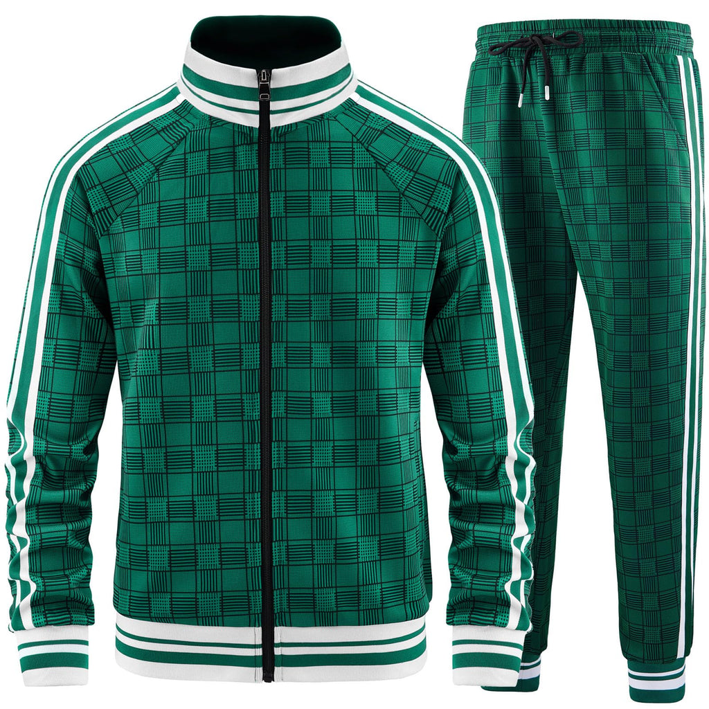 Men Tracksuits Full-zip Long Sleeve Plaid Track Jackets and Pants 2 Piece