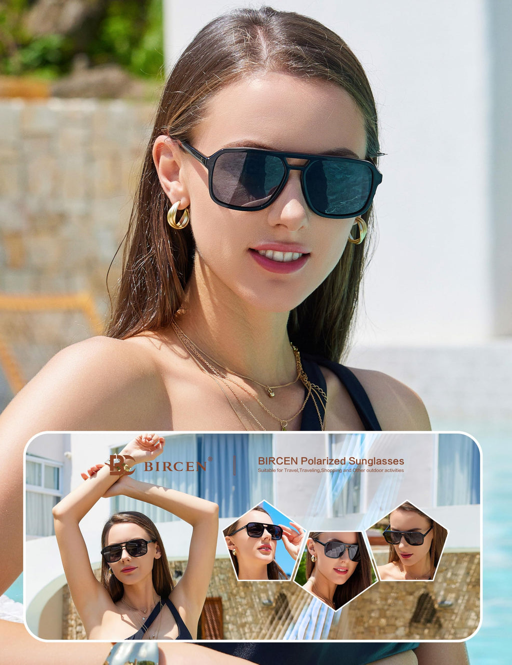 BIRCEN Women Polarized Acetate Sunglasses: Fashion Square Aviator Shades UV Protection for Trendy Laides Travel Beach Outdoor