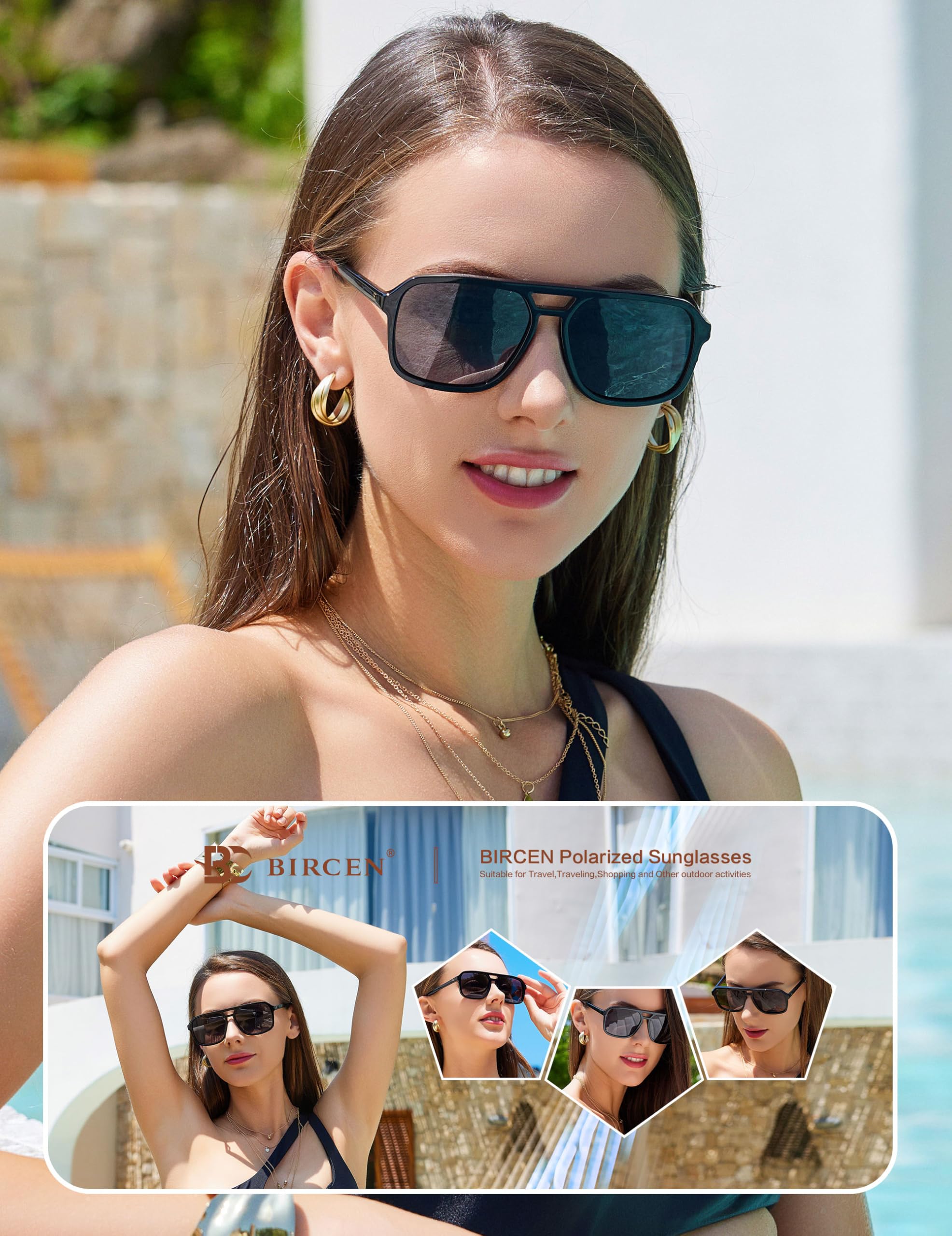 BIRCEN Women Polarized Acetate Sunglasses: Fashion Square Aviator Shades UV Protection for Trendy Laides Travel Beach Outdoor