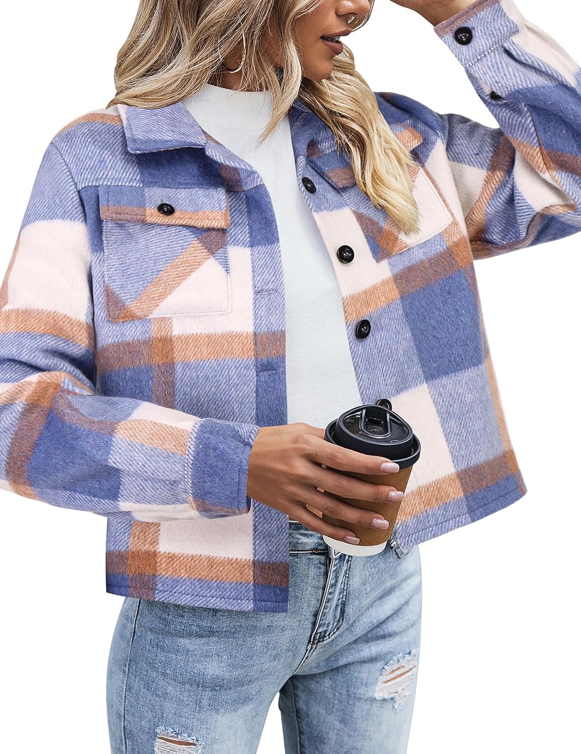 Zeagoo Flannels for Women Cropped Shacket Jacket Fashion Plaid Button Down Shirt 2025 Fall Coat Tops