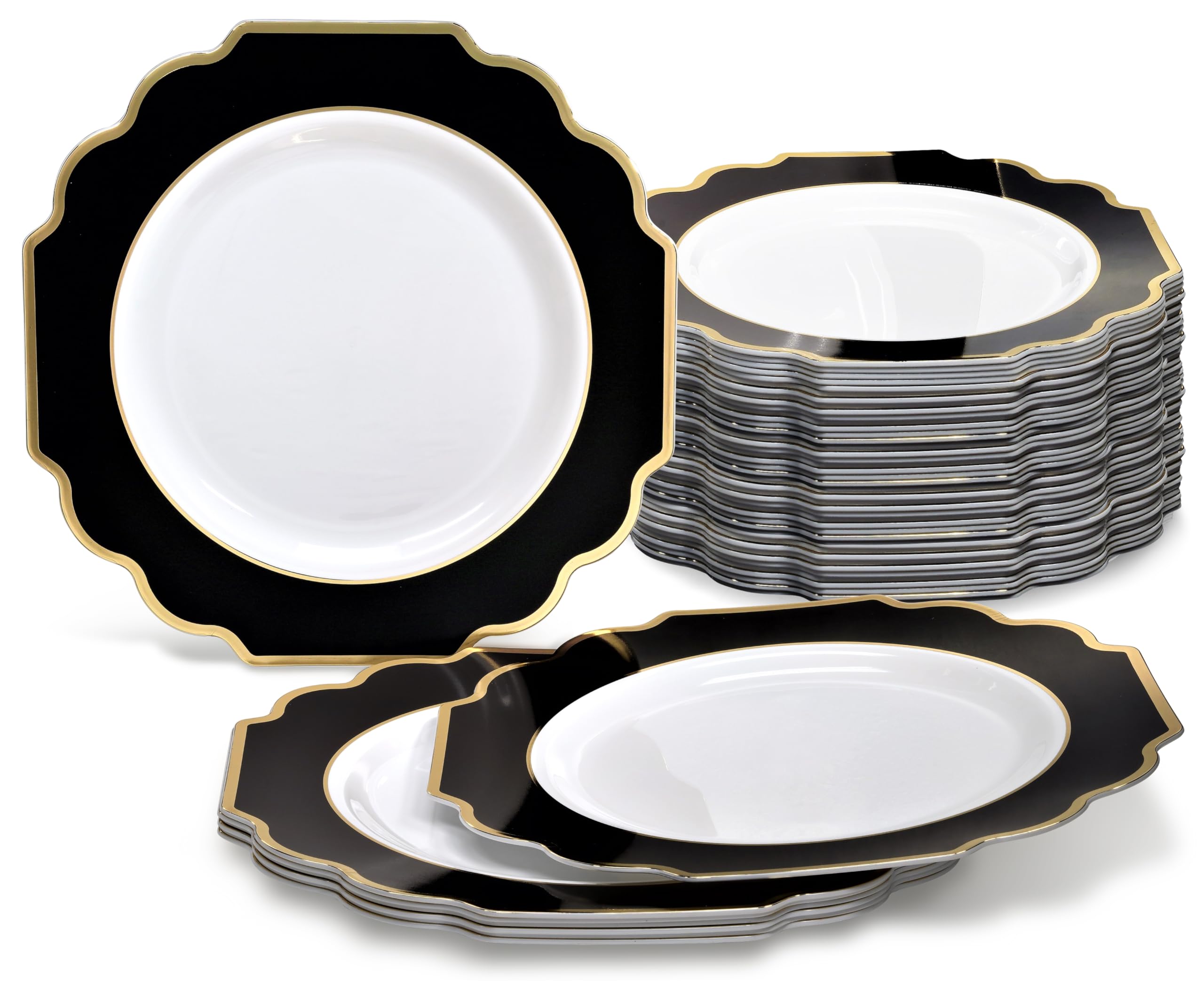 " OCCASIONS " 50 Plates Pack (25 Guests)-Heavyweight Wedding Party Disposable Plastic Plate Set -(25x10.5'' Dinner + 25x8'' Salad/Dessert) (Imperial White & Gold)