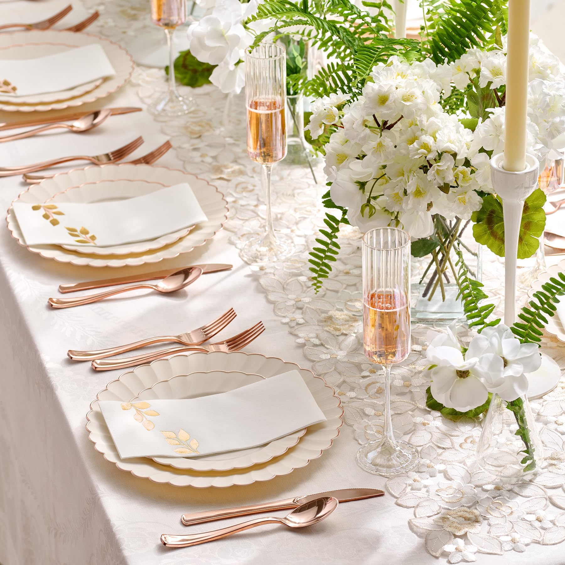 By Madee PREMIUM 60 Pc Ivory Scalloped Plastic Plates with Gold Trim – 30 Dinner & 30 Dessert Nice Plastic Plates for Party – Disposable & Elegant for Wedding, Showers, Special Moments (30 Guests)