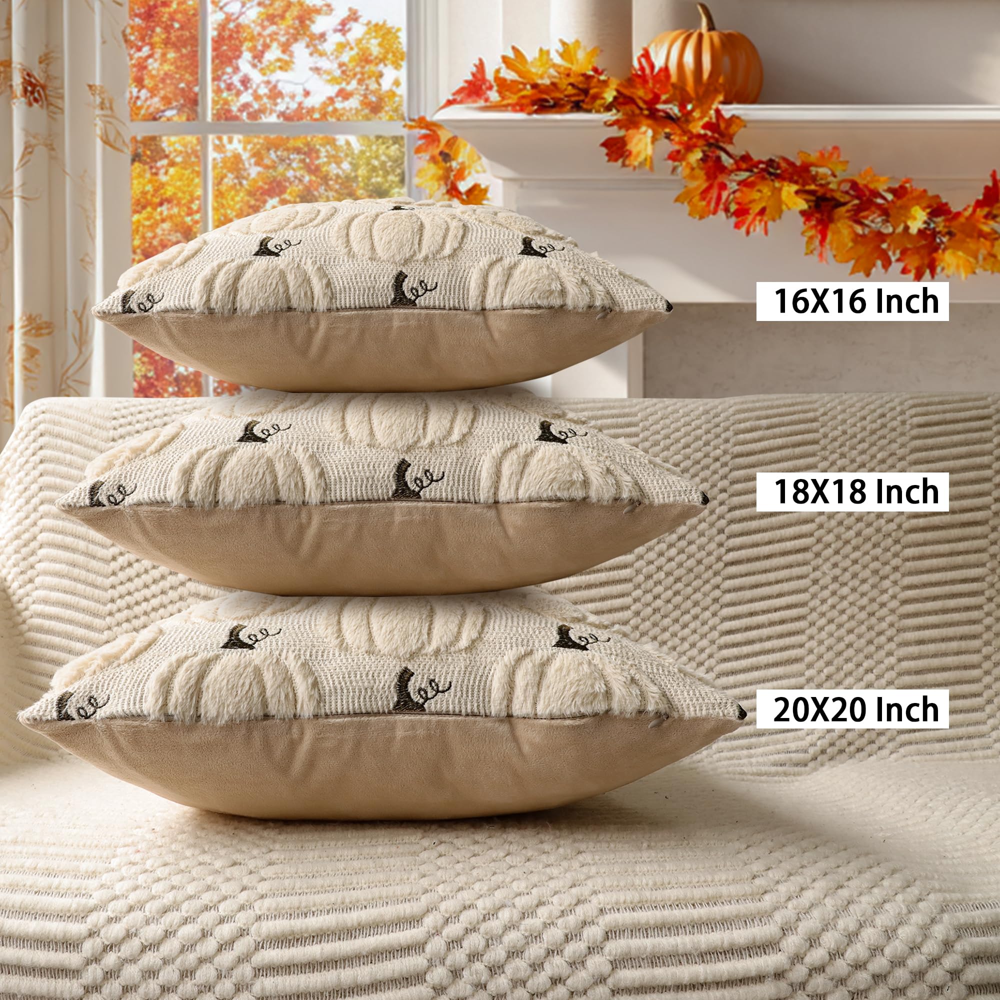 4TH Emotion Fall Pumpkins Decorative Pillow Covers 18x18 Set of 2, Beige Soft Plush Faux Fur Wool Farmhouse Throw Cushion Cases for Autumn Thanksgiving Holiday Home Decorations