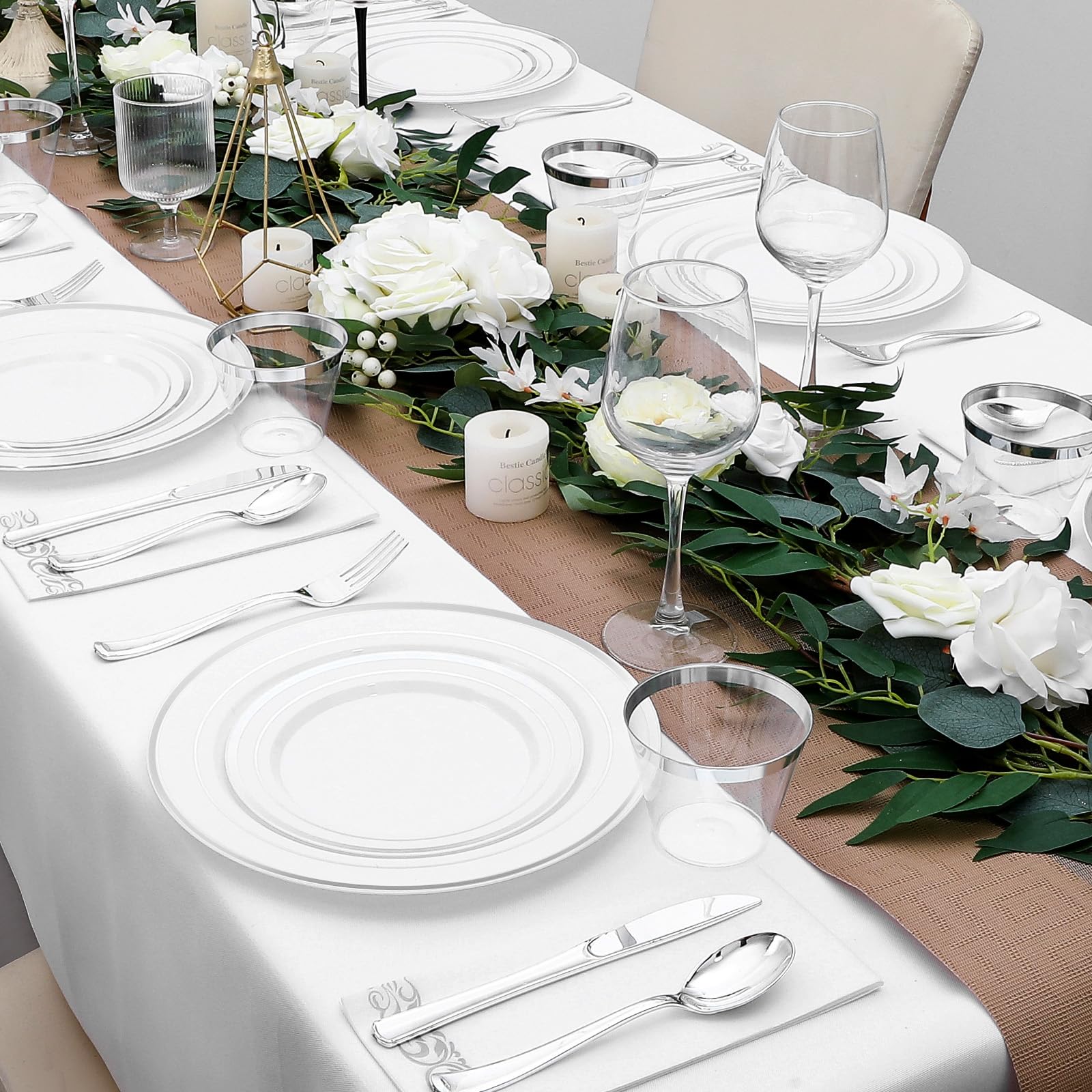 350-Piece Gold Rim Plastic Dinnerware Set for 50 Guests, Elegant Disposable Dinnerware for Party, Wedding. Includes Dinner Plates, Dessert Plates, Gold Silverware, Napkins, Cups