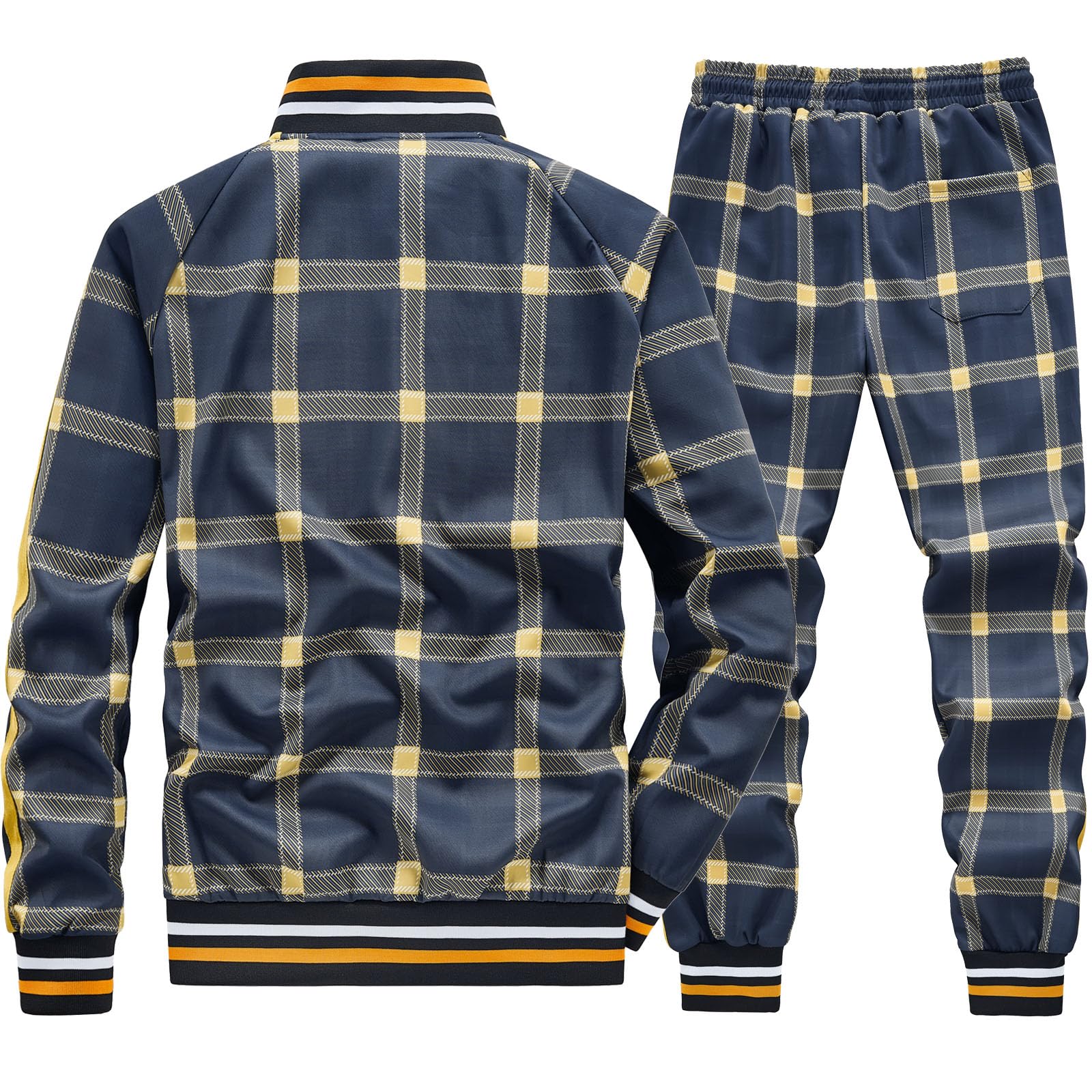 Men Tracksuits Full-zip Long Sleeve Plaid Track Jackets and Pants 2 Piece