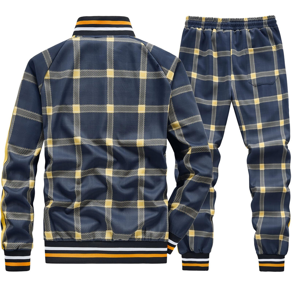 Men Tracksuits Full-zip Long Sleeve Plaid Track Jackets and Pants 2 Piece