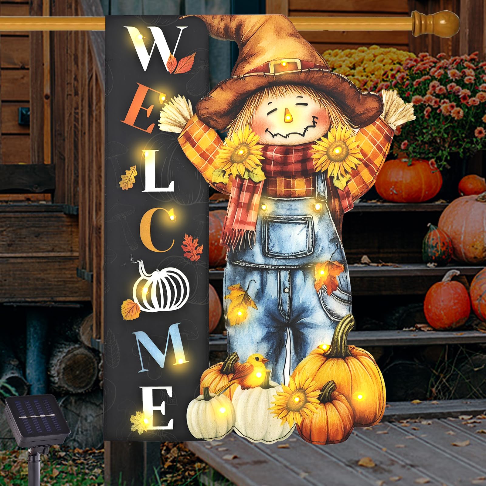 Halloween Lighted Garden Flag for Outside, Led Solar Yard Flag 8 Modes Witch Feet Shape Flag, 12x18 Double Sided Cauldron Eyeball Black Cat Decorations for Home Porch