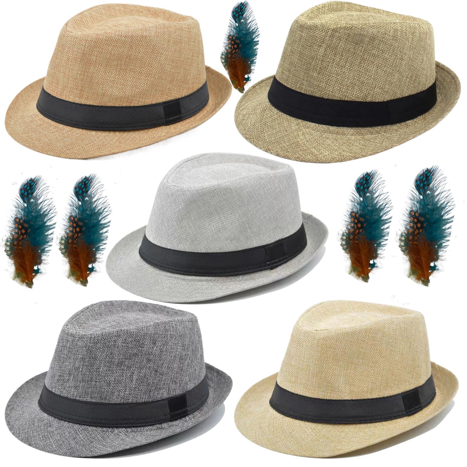 5 Pack Bulk Cuban Fedora Sun Hats Men with Adjustable Strap, Short Brim 1920s Unisex Party Costume Hats Women.