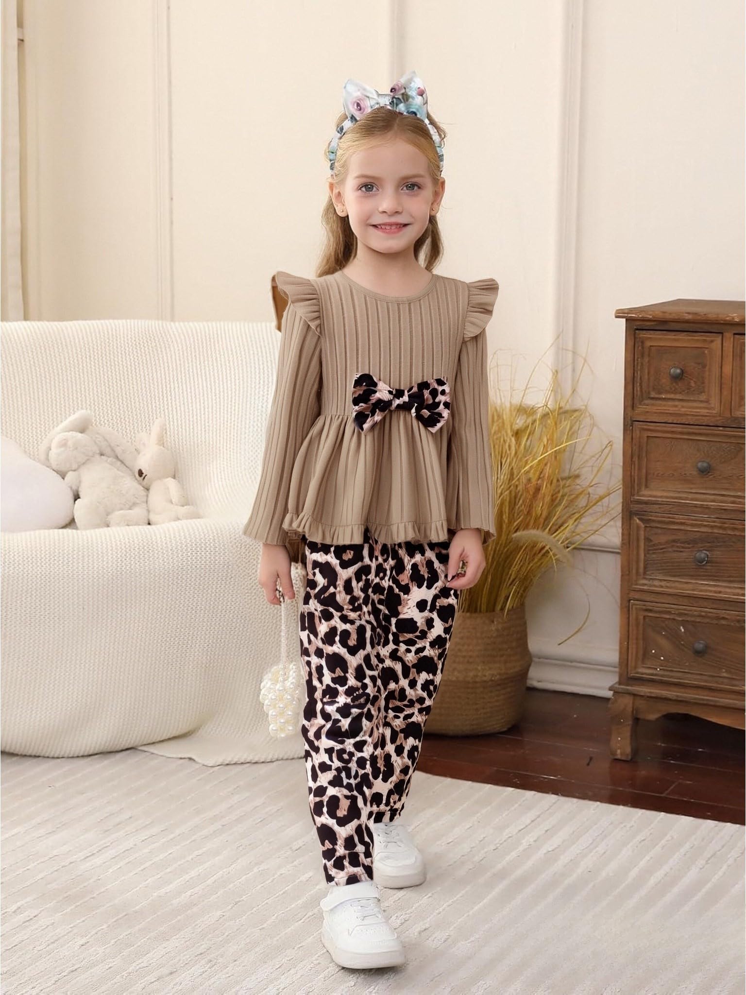 Toddler Girl Clothes Ruffle Long Sleeve Heart Print Tops and Pants 2PC Little Girl Winter Outfits Size (4-7T)
