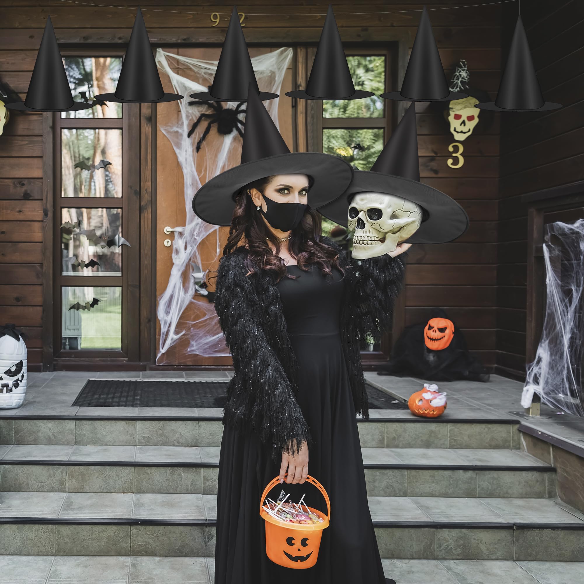 12 PCS Halloween Witch Hats, Black Hanging Witch Hat, Witch Costume Accessories Witches Hat with 328 FT Nylon Cord Wizard Hats Indoor Outdoor Halloween Decorations for Home Yard Porch Ceiling