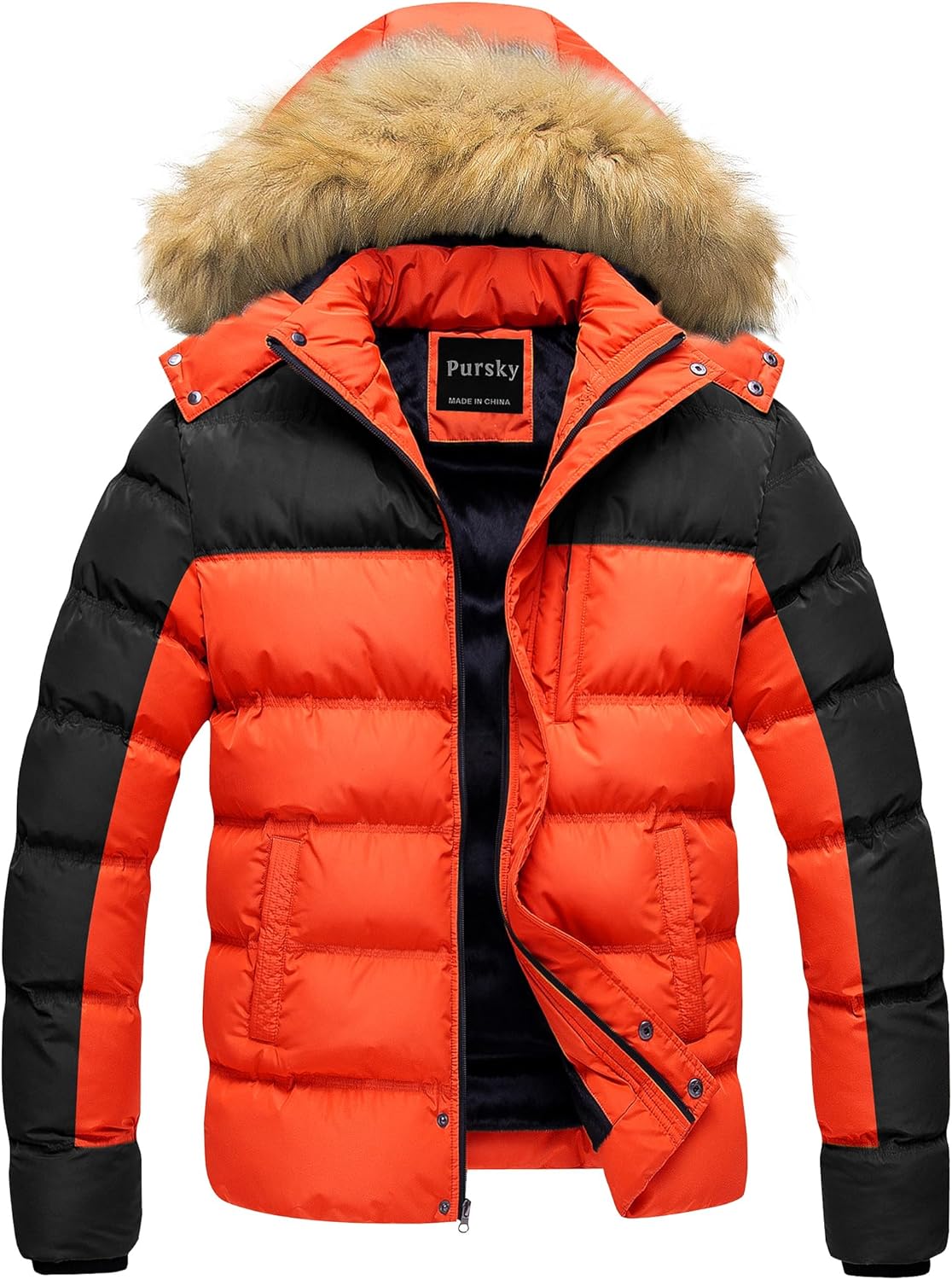 Pursky Men's Puffer Jacket Waterproof Winter Bubble Coats Ski Parka Fur Hooded