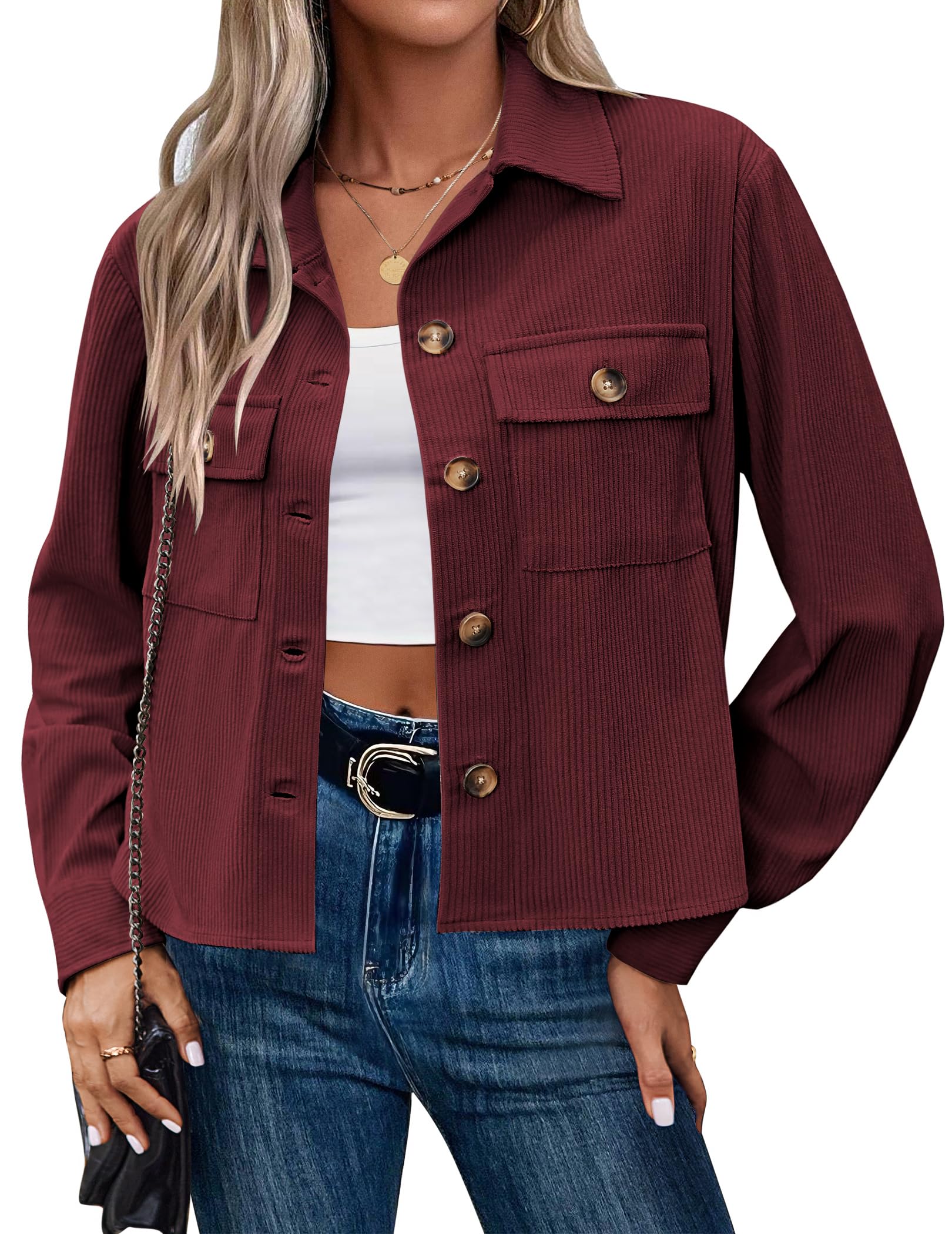 Zeagoo Womens Fashion Cropped Corduroy Shackets Button Down Jackets Tops Fall Trendy Long Sleeve Shirts