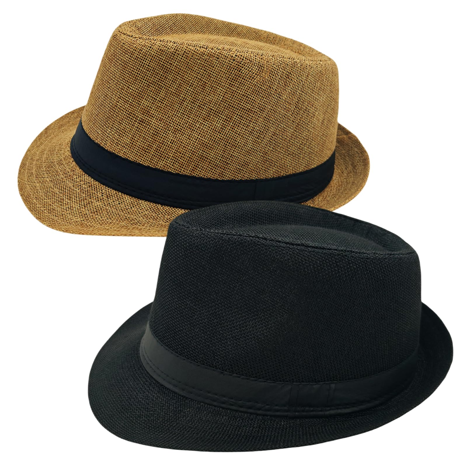 2 Pack Short Brim Fedora Classic 20s Trilby Panama Hats Summer Travel Cap for Men Women