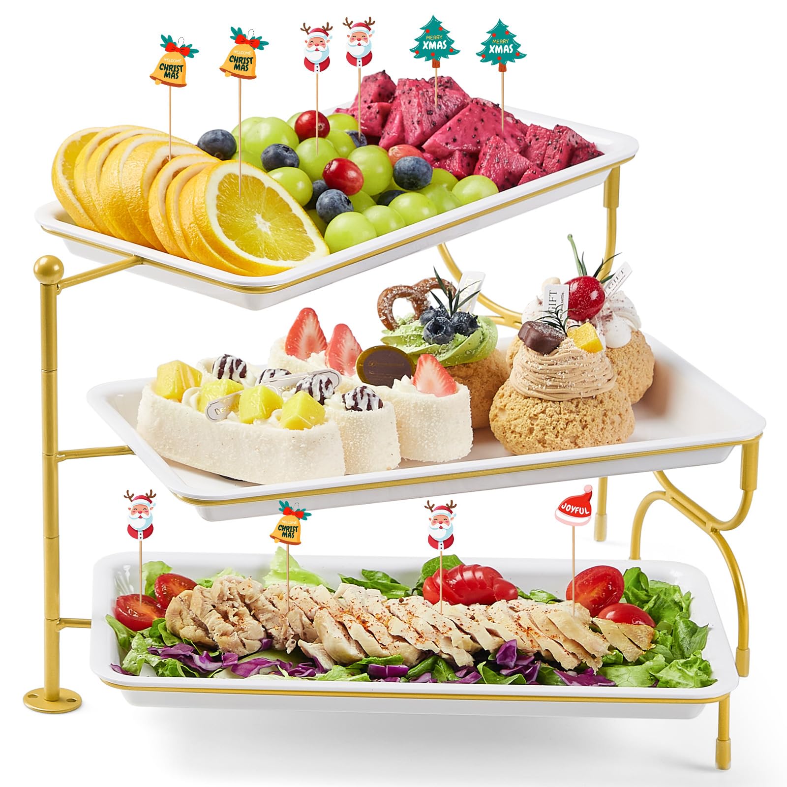 Lifewit 3 Tier Serving Tray for Party, 12" x 6.5" Plastic Tiered Food Serving Platters, White Rotatable Tiered Tray Stand with Gold Collapsible Metal Stand, Dessert Table Display Set for Buffet