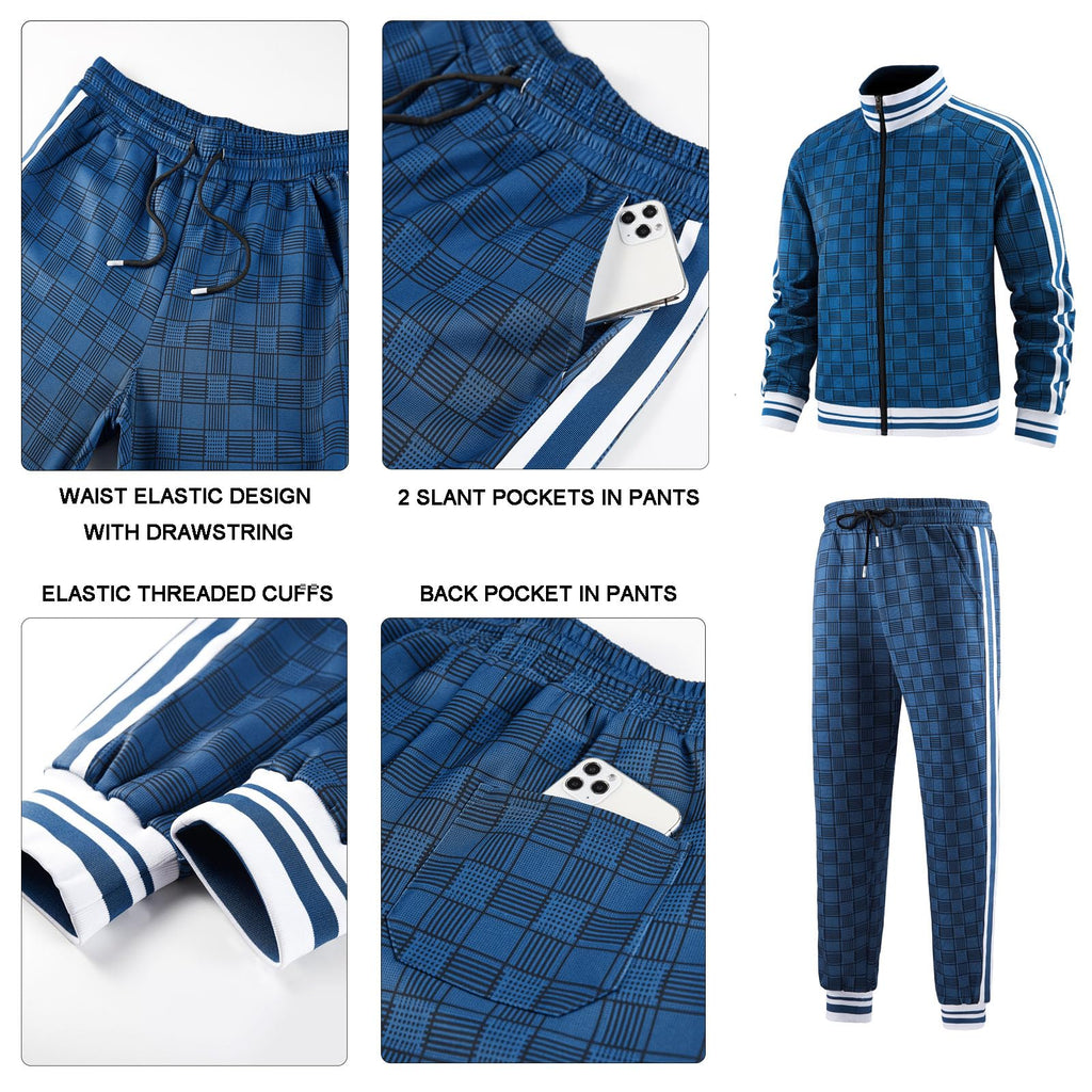 Men Tracksuits Full-zip Long Sleeve Plaid Track Jackets and Pants 2 Piece