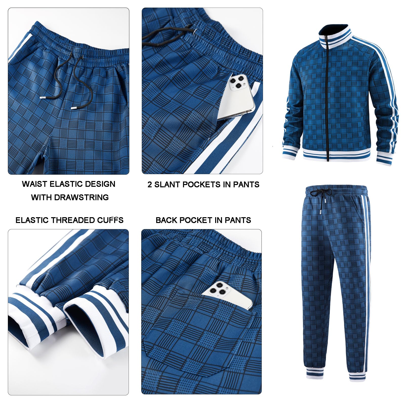 Men Tracksuits Full-zip Long Sleeve Plaid Track Jackets and Pants 2 Piece
