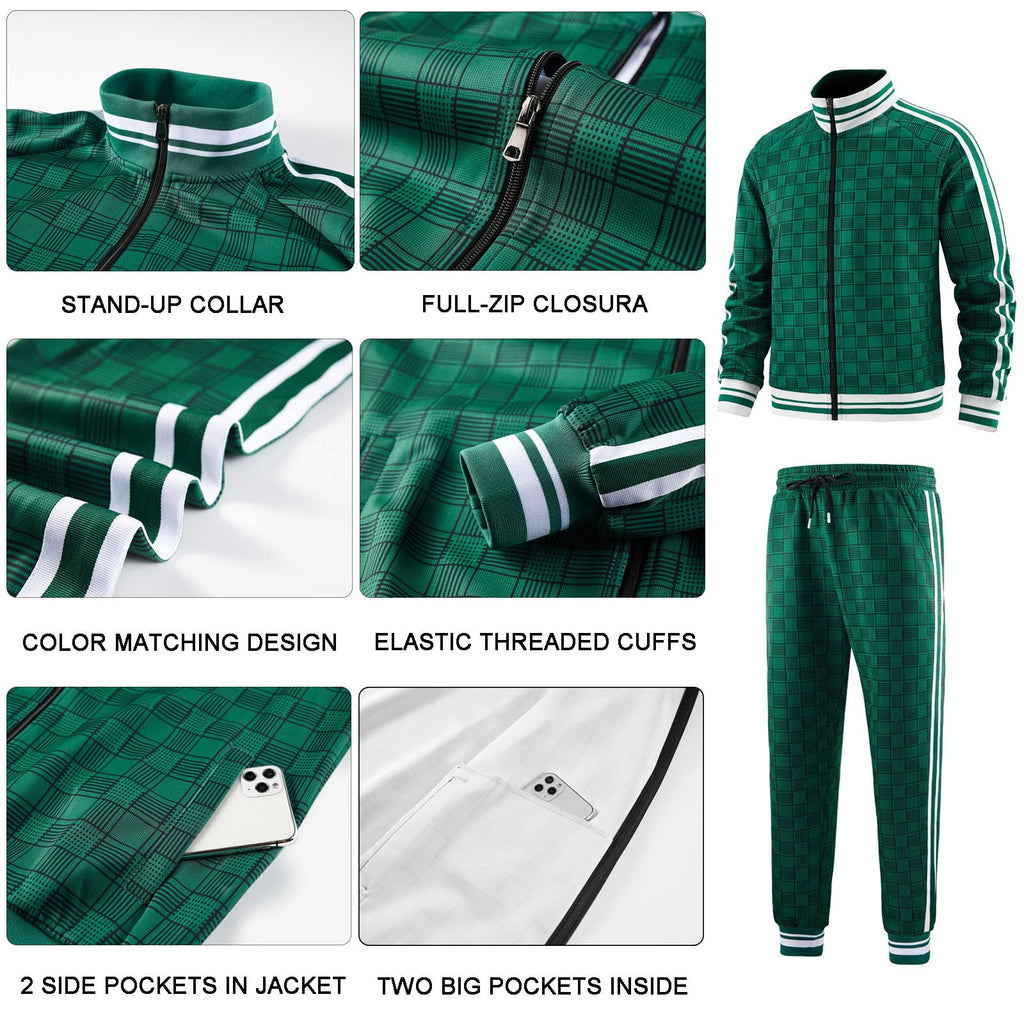 Men Tracksuits Full-zip Long Sleeve Plaid Track Jackets and Pants 2 Piece
