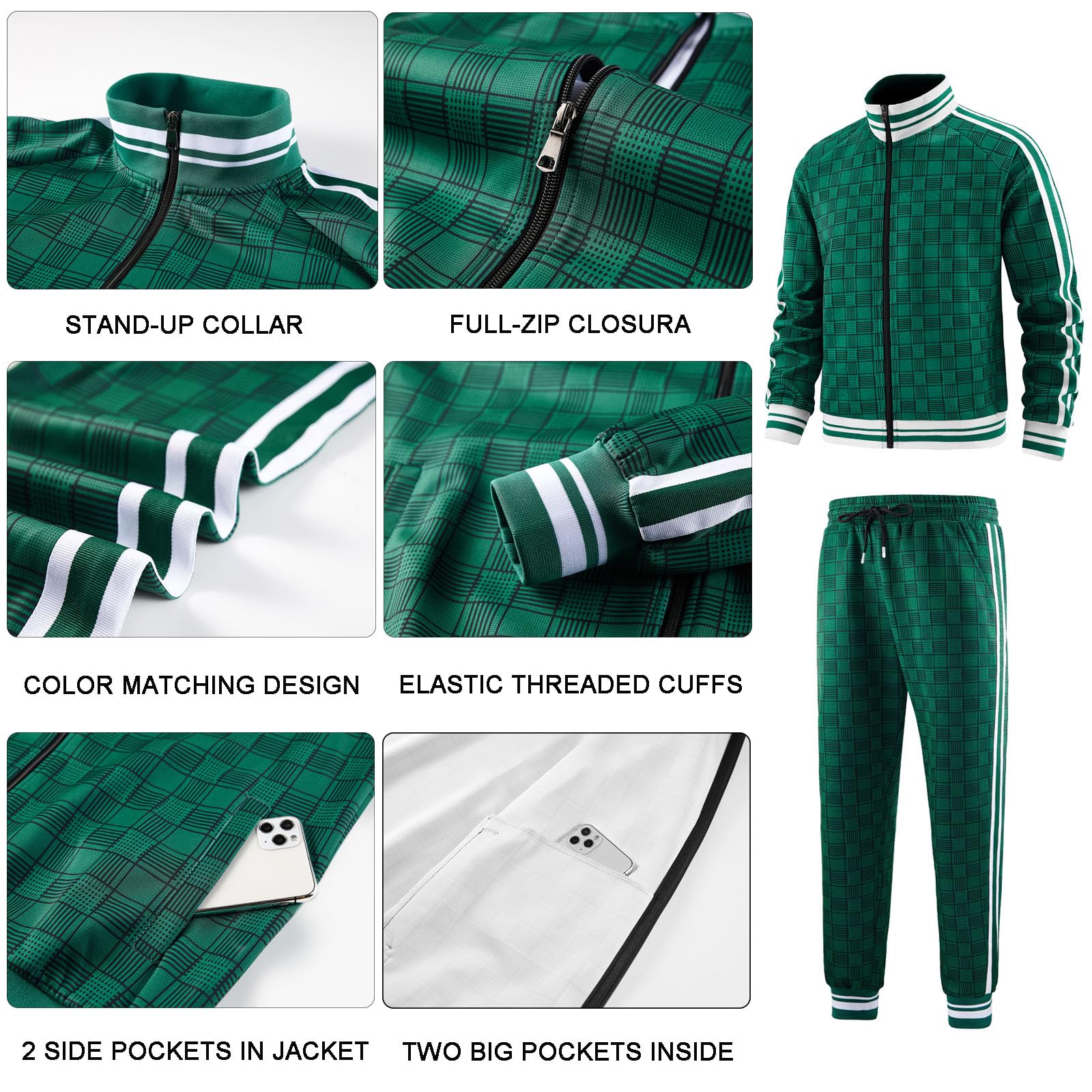 Men Tracksuits Full-zip Long Sleeve Plaid Track Jackets and Pants 2 Piece