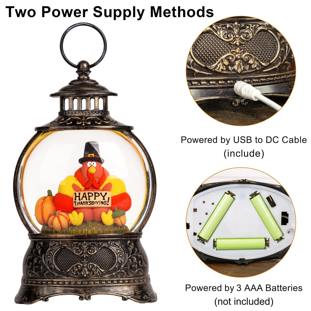 Fall Snow Globe Lantern with Autumn Turkey and Pumpkins Thanksgiving LED Decor for Home, Indoor Tabletop Centerpiece with Glitter Flakes, Harvest Light Decorations