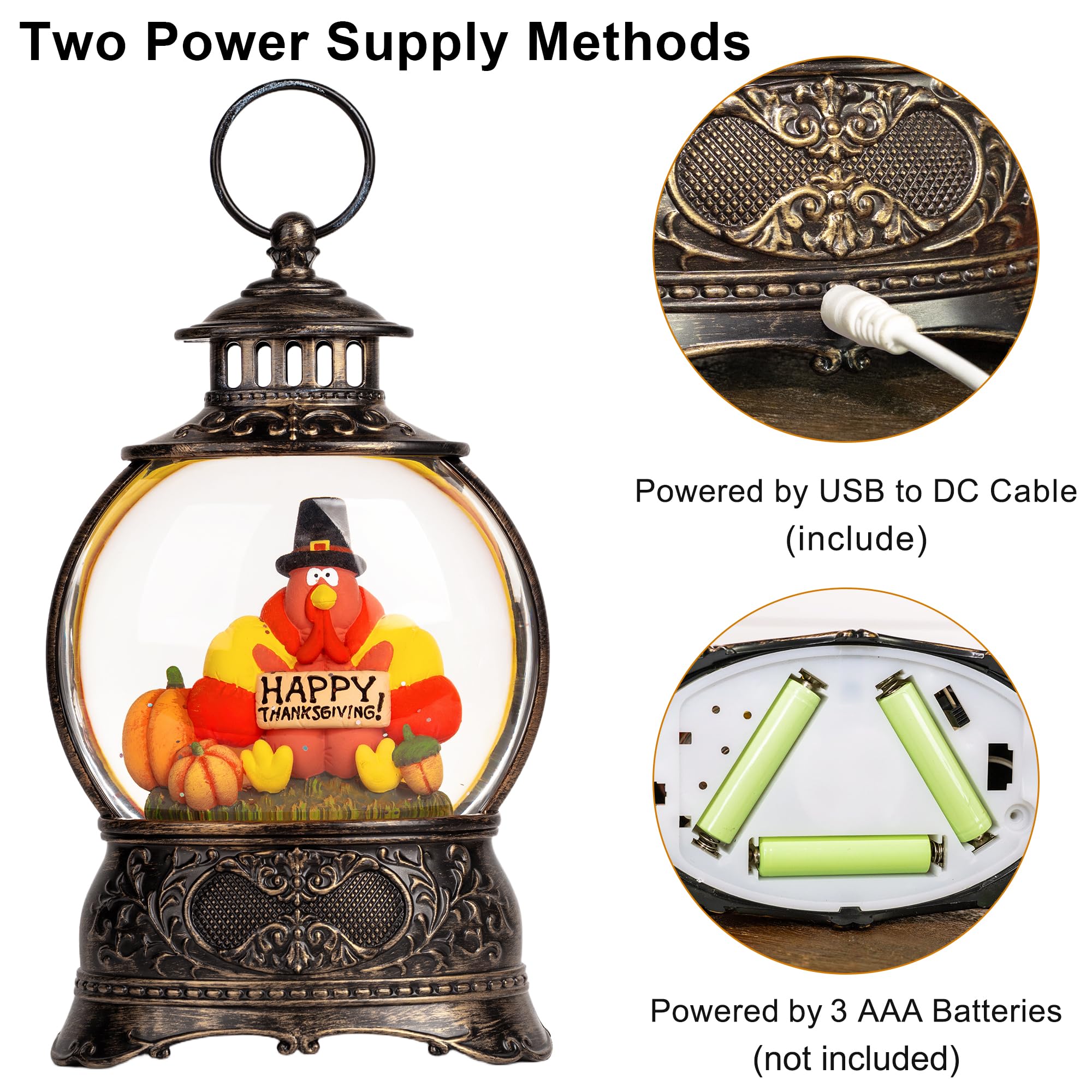 Fall Snow Globe Lantern with Autumn Turkey and Pumpkins Thanksgiving LED Decor for Home, Indoor Tabletop Centerpiece with Glitter Flakes, Harvest Light Decorations